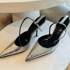 NEW!  By Far Eliza silver heels (ankle strap pumps)